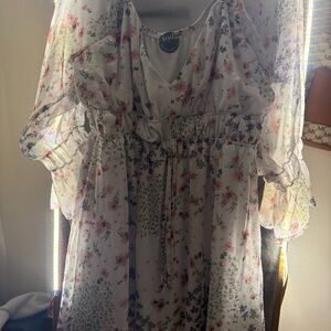 ARULA Floral Print Dress with Sheer Sleeves